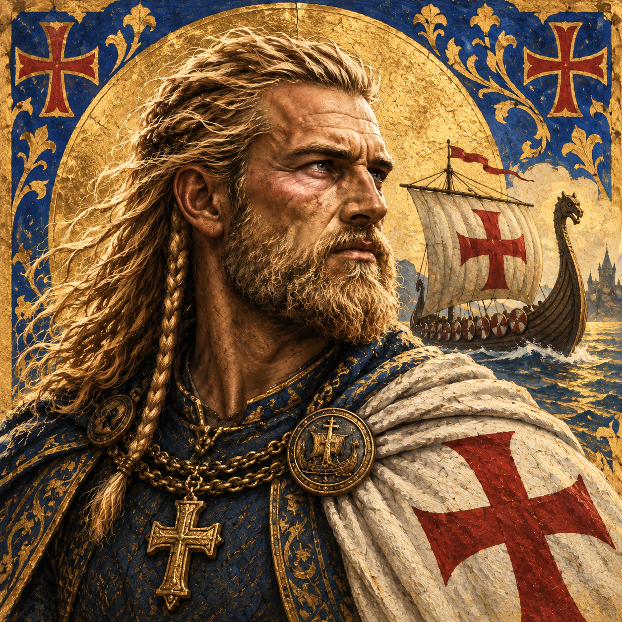 Solvaren illustrated stream portrait in gold and navy