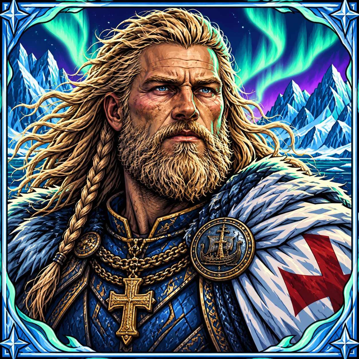 Illustrated Solvaren portrait against an aurora